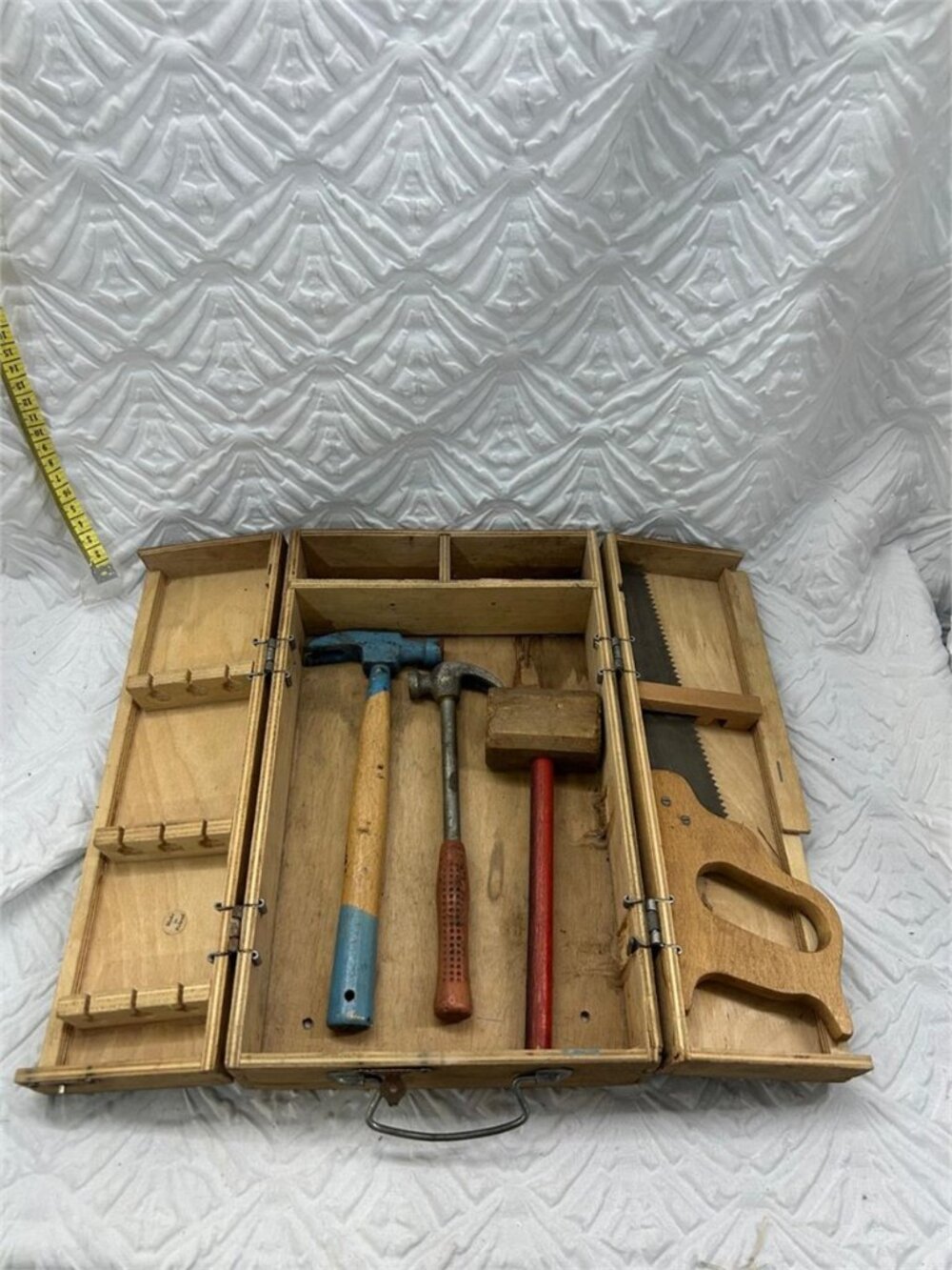 Vintage Wooden Toy Tool Box w/ Tools
